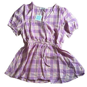Hayden LA Purple White Plaid V‑Neck Short Sleeve Top Women’s S NWT Spring